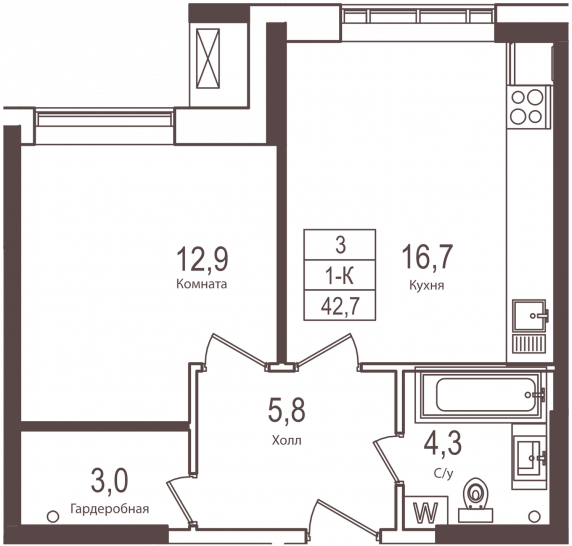 Однокомнатная квартира 42.7 м²