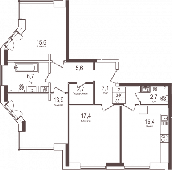 Трёхкомнатная квартира 88.1 м²
