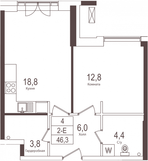 Однокомнатная квартира 46.3 м²