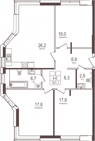 Трёхкомнатная квартира 101.1 м²