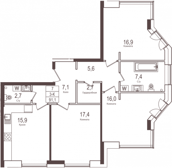 Трёхкомнатная квартира 91.1 м²