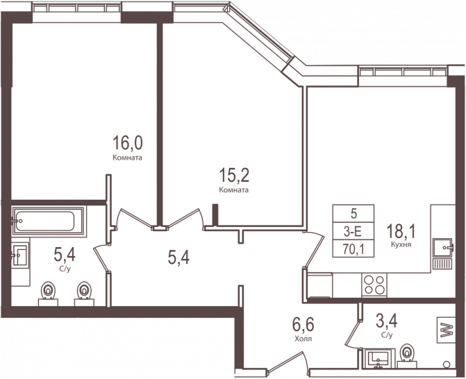 Двухкомнатная квартира 70.1 м²