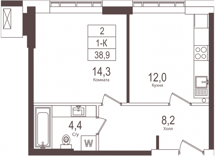 Однокомнатная квартира 38.9 м²