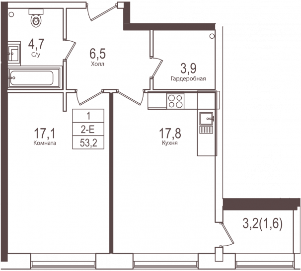 Однокомнатная квартира 53.2 м²