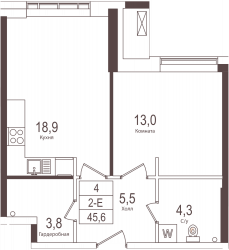 Однокомнатная квартира 45.6 м²