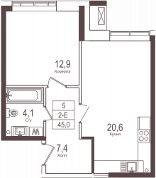Однокомнатная квартира 45 м²