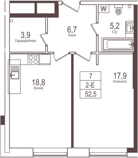 Однокомнатная квартира 52.5 м²