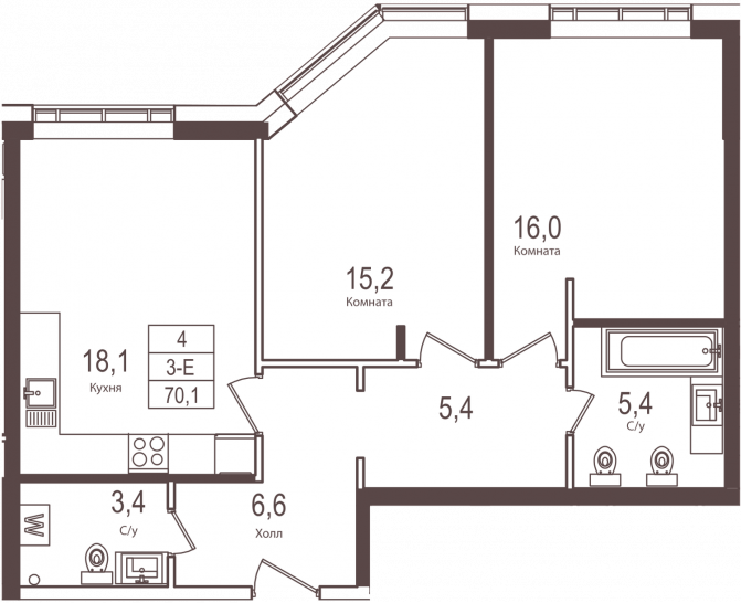 Двухкомнатная квартира 70.1 м²