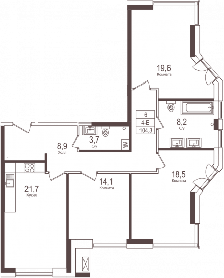 Трёхкомнатная квартира 104.3 м²