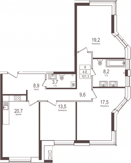 Трёхкомнатная квартира 101.3 м²