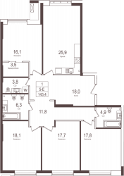 Четырёхкомнатная квартира 143.4 м²
