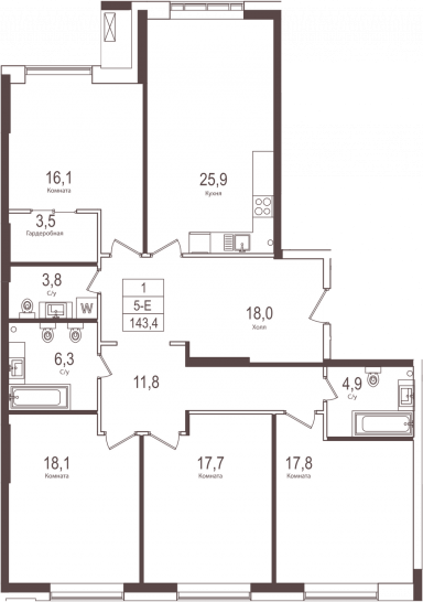 Четырёхкомнатная квартира 143.4 м²