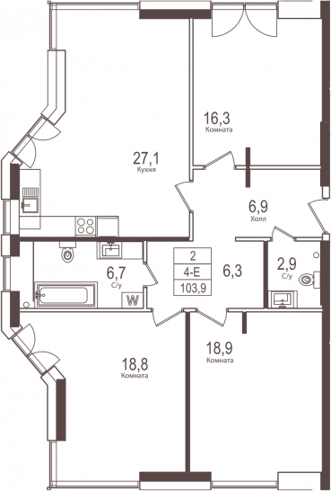 Трёхкомнатная квартира 103.9 м²