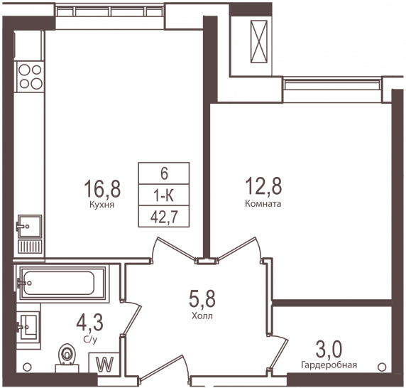 Однокомнатная квартира 42.7 м²