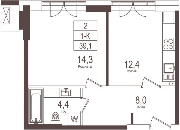 Однокомнатная квартира 39.1 м²