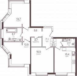 Трёхкомнатная квартира 85.3 м²