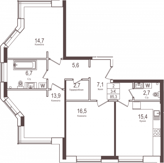 Трёхкомнатная квартира 85.3 м²