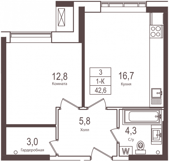 Однокомнатная квартира 42.6 м²