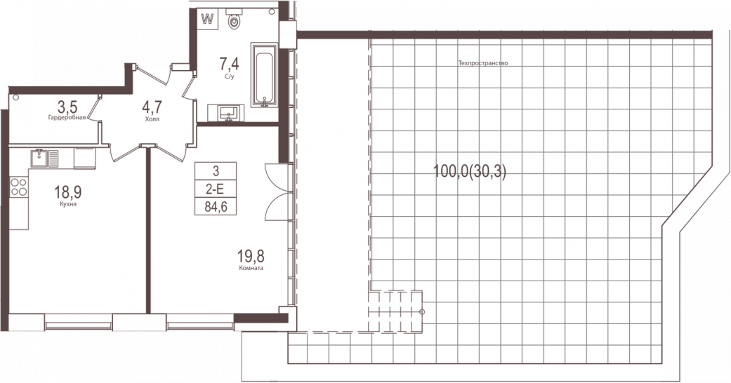 Двухкомнатная квартира 84.6 м²