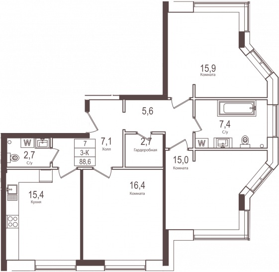 Трёхкомнатная квартира 88.6 м²