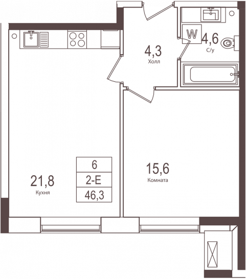 Однокомнатная квартира 46.3 м²
