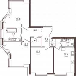 Трёхкомнатная квартира 88.1 м²