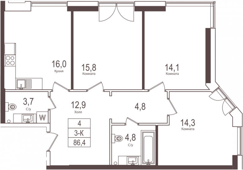 Трёхкомнатная квартира 86.4 м²